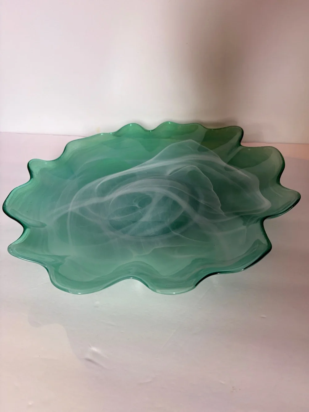Pier 1 Seafoam Green Swirl Ruffled Art Glass Bowl